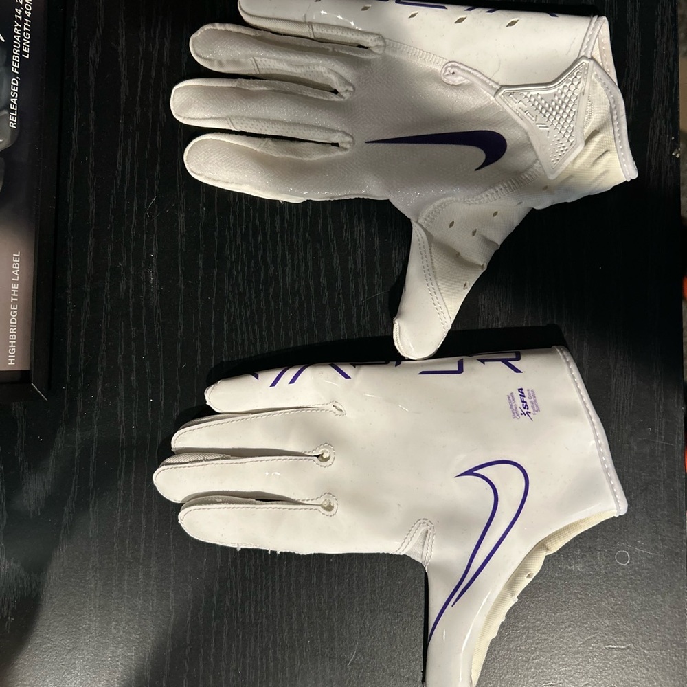 Nike White Gloves with Purple Swoosh